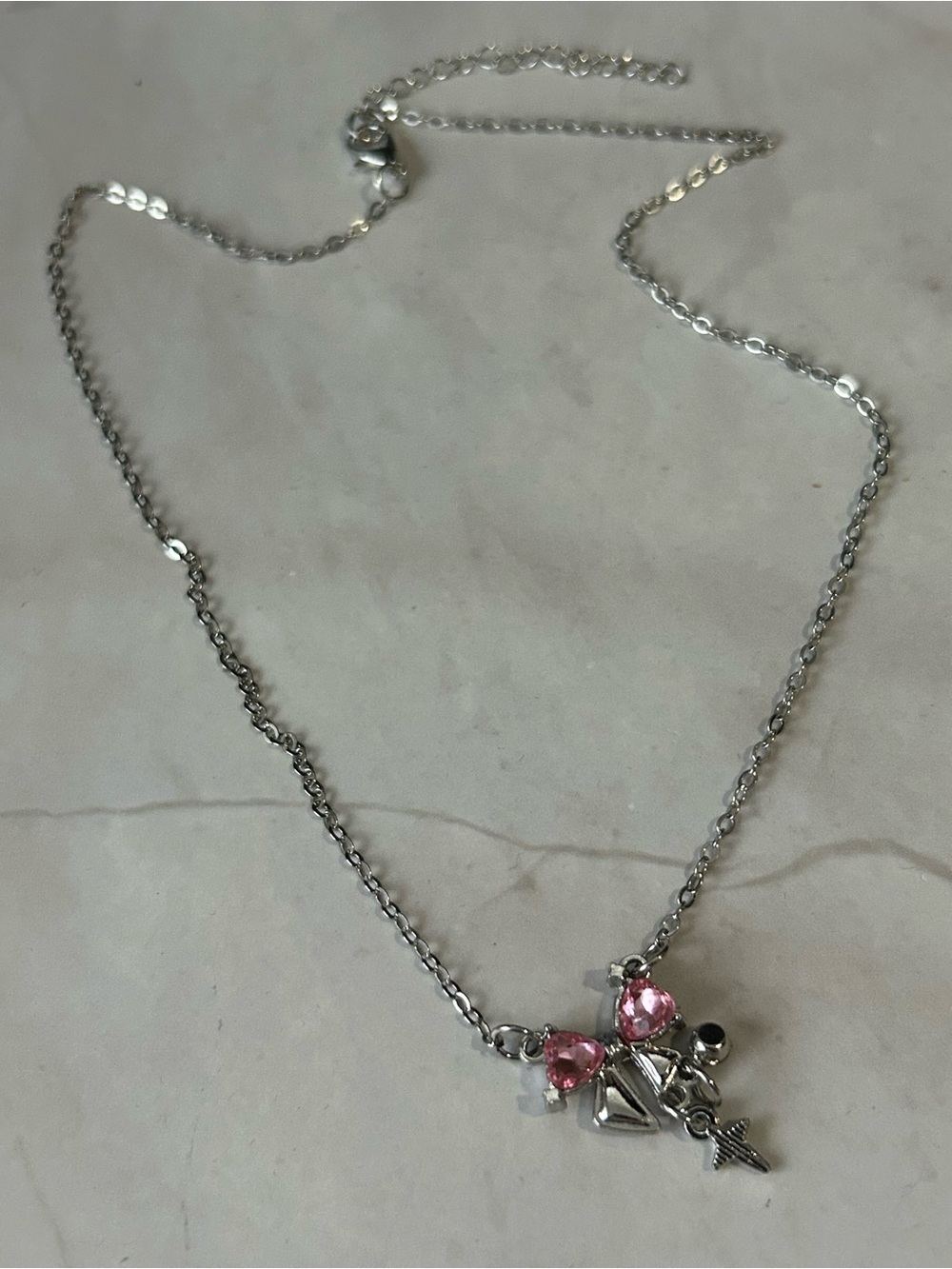 Silver Tone Necklace with Pink Crystal Charms